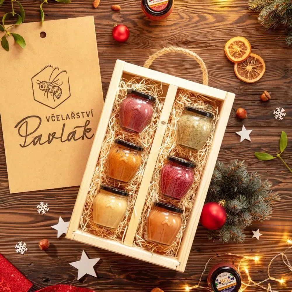 Dřevěná dárková sada medů 6 ks × 250 g — náhled 2