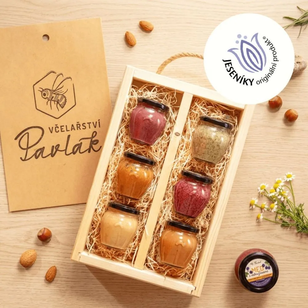 Dřevěná dárková sada oceněných medů 6 ks × 250g